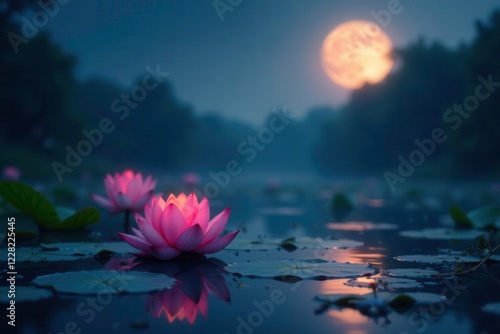 Fototapeta Naklejka Na Ścianę i Meble -  Softly glowing moon casts light on lotus flowers in a tranquil pool, moonlight, landscape, lotus