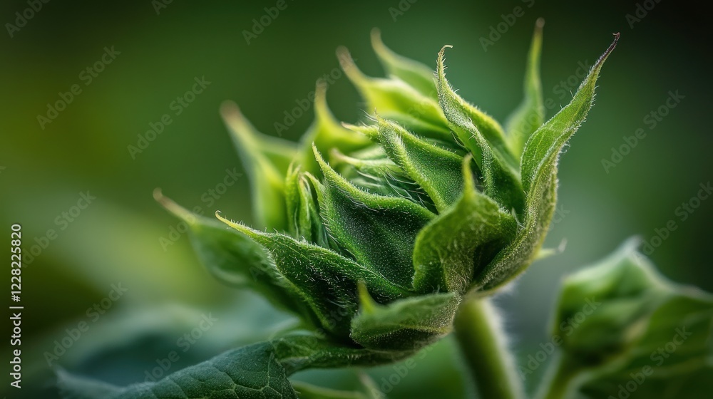 Young Sunflower Bud Unfurling in Green Sunlight Young Sunflower Bud Unfurling in Green Sunlight
