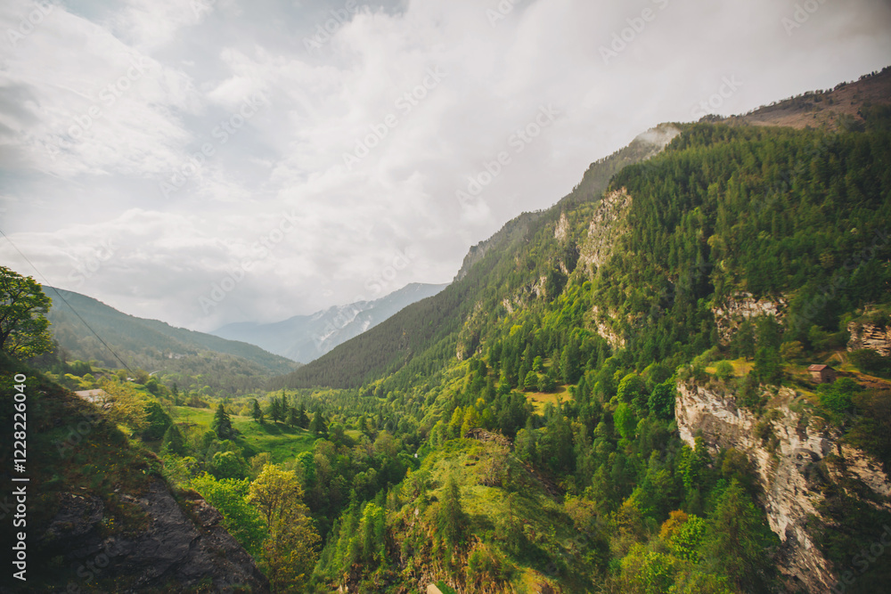 Fototapeta premium Beautiful alpine landscape. Atmospheric landscape with high mountain wall with forest. 