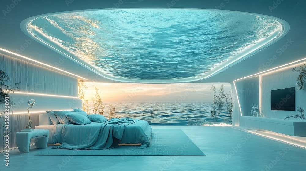 Fototapeta premium Underwater ceiling bedroom ocean view luxury modern home design sunset