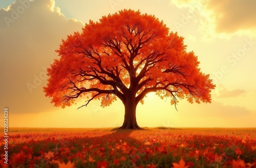 An old big tree in the autumn field. A lonely tree in a field. Photos for printed products