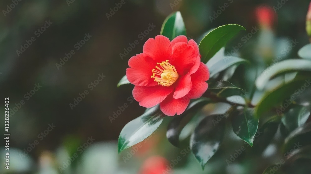 A single red camellia flower blooms on a green bush A single red camellia flower blooms on a green bush