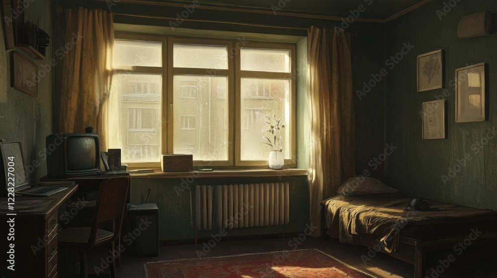 Sunlit Room With Desk Bed And Window Sunlit Room With Desk Bed And Window