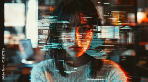 Digital cyberpunk artwork of a woman's face overlaid with data glitch effects representing artificial intelligence, hacking and virtual identity photo