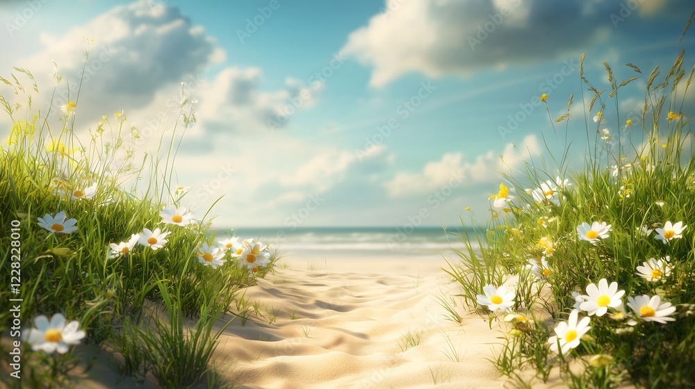 Sunny Coastal Escape with Blooming Daisies