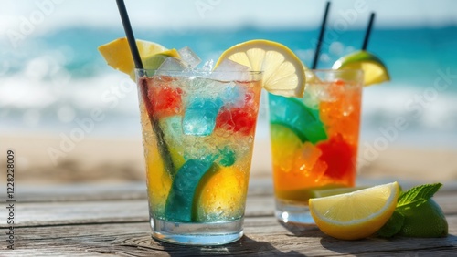 Colorful summer cocktails with fruits by the beach on a sunny day photo