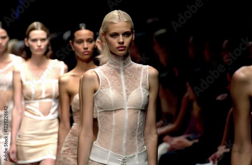 Fashion models walking on runway during fine lingerie fashion show. Fashion models wearing elegant lingerie are walking on the runway during a fashion show