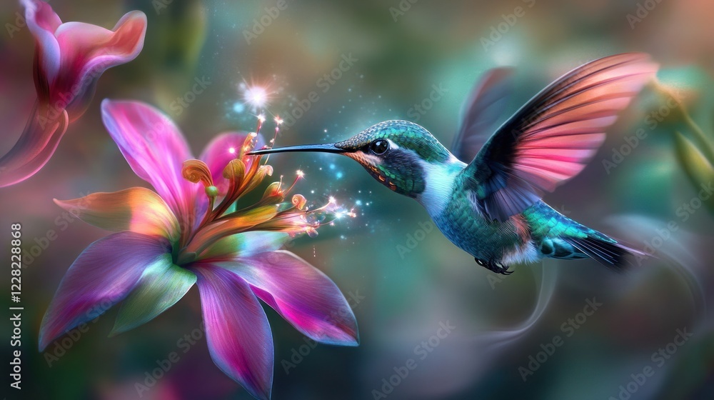 Fototapeta premium Hummingbird in Flight Near Vibrant Flowers