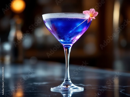 Wallpaper Mural  Close-up of a vibrant blue cocktail in a martini glass, garnished with a pink flower, set on a dark bar surface with a blurred background. Torontodigital.ca