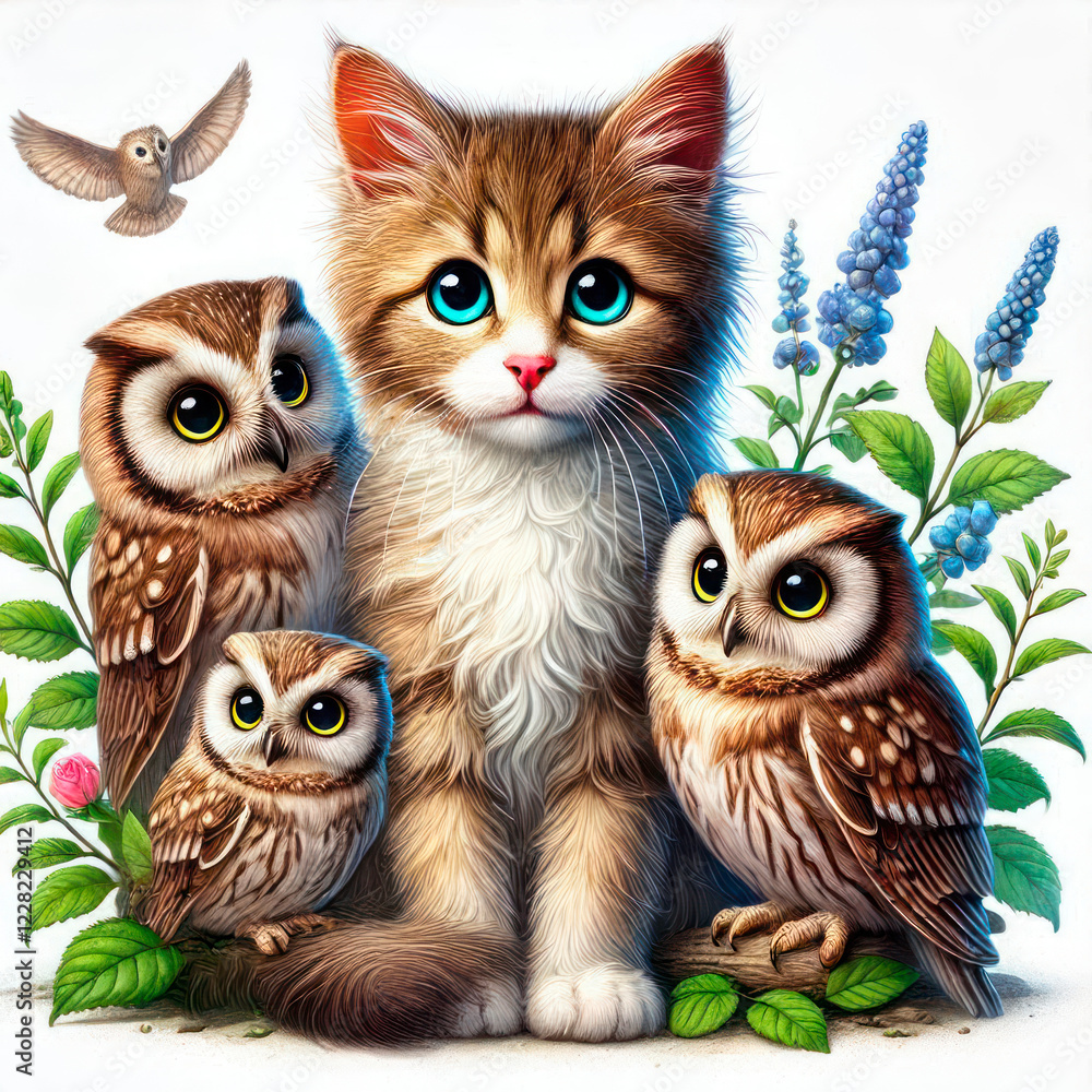 Fototapeta premium Kitten with owls and flowers around him.