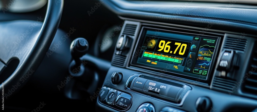Modern Car Interior Detail: Dashboard and Radio Display Modern Car Interior Detail: Dashboard and Radio Display