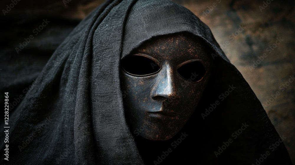 Unveiling a mysterious figure in dark fabric and mask at an unknown location Unveiling a mysterious figure in dark fabric and mask at an unknown location