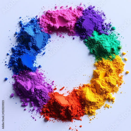 Bright and vibrant colorful powders in a circle, scattered across a white surface, with soft lighting highlighting the texture and vivid hues of the powder. photo