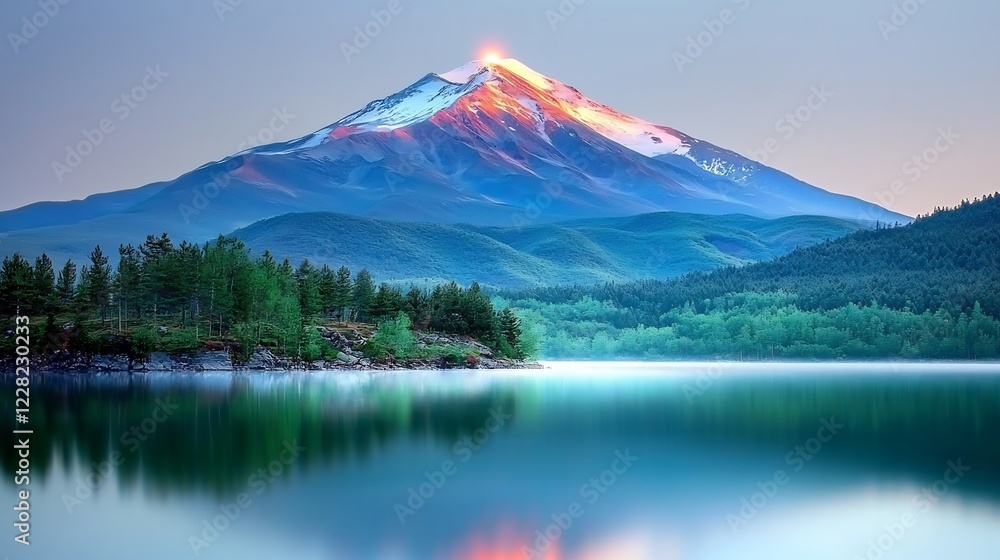 Majestic mountain at dawn reflecting in serene lake with lush greenery and soft light Majestic mountain at dawn reflecting in serene lake with lush greenery and soft light