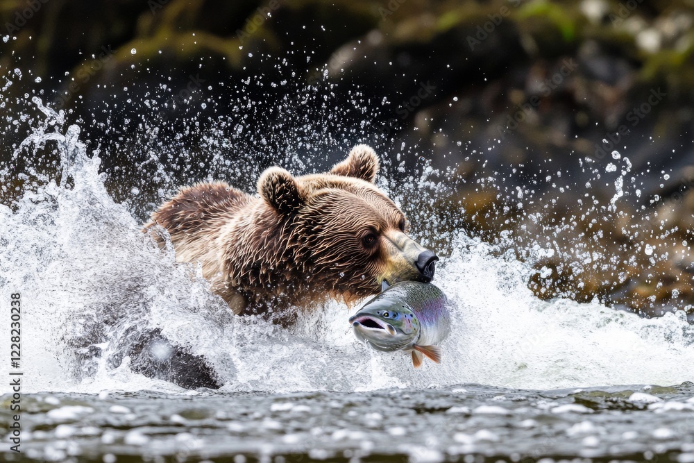 Obraz premium A brown bear fiercely hunts for salmon in a rushing river, demonstrating power and agility. Water splashes dramatically as the bear seizes its prey in a captivating display of nature