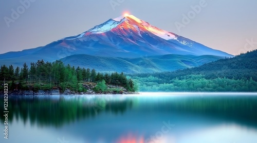 Majestic mountain at dawn reflecting in serene lake with lush greenery and soft light