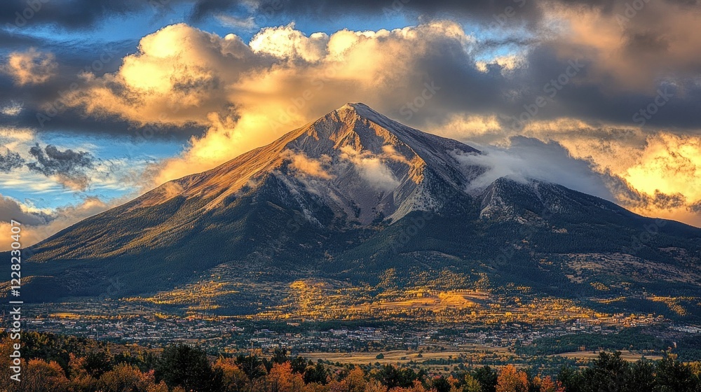 Fototapeta premium Majestic Mountain Peak Sunset Cloudscape Over Town