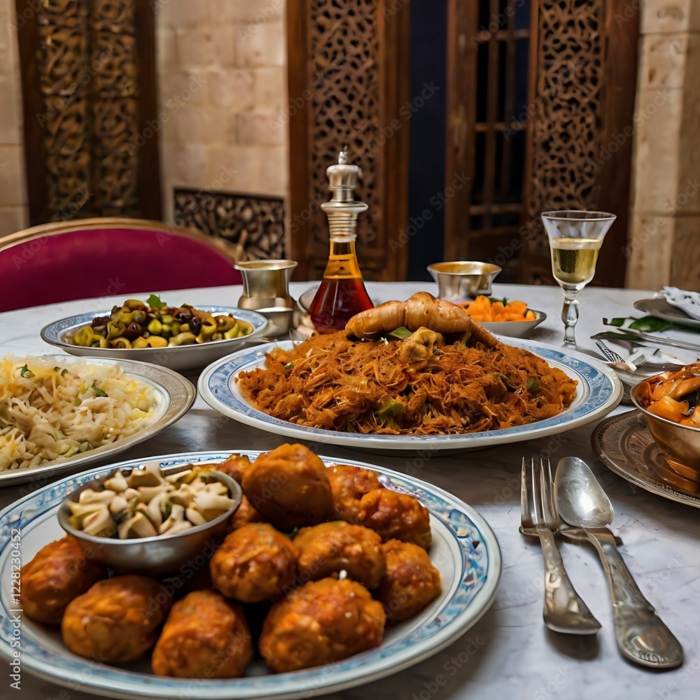 Traditional Middle Eastern feast served in ornate setting with various dishes and exotic drinks for a special gathering