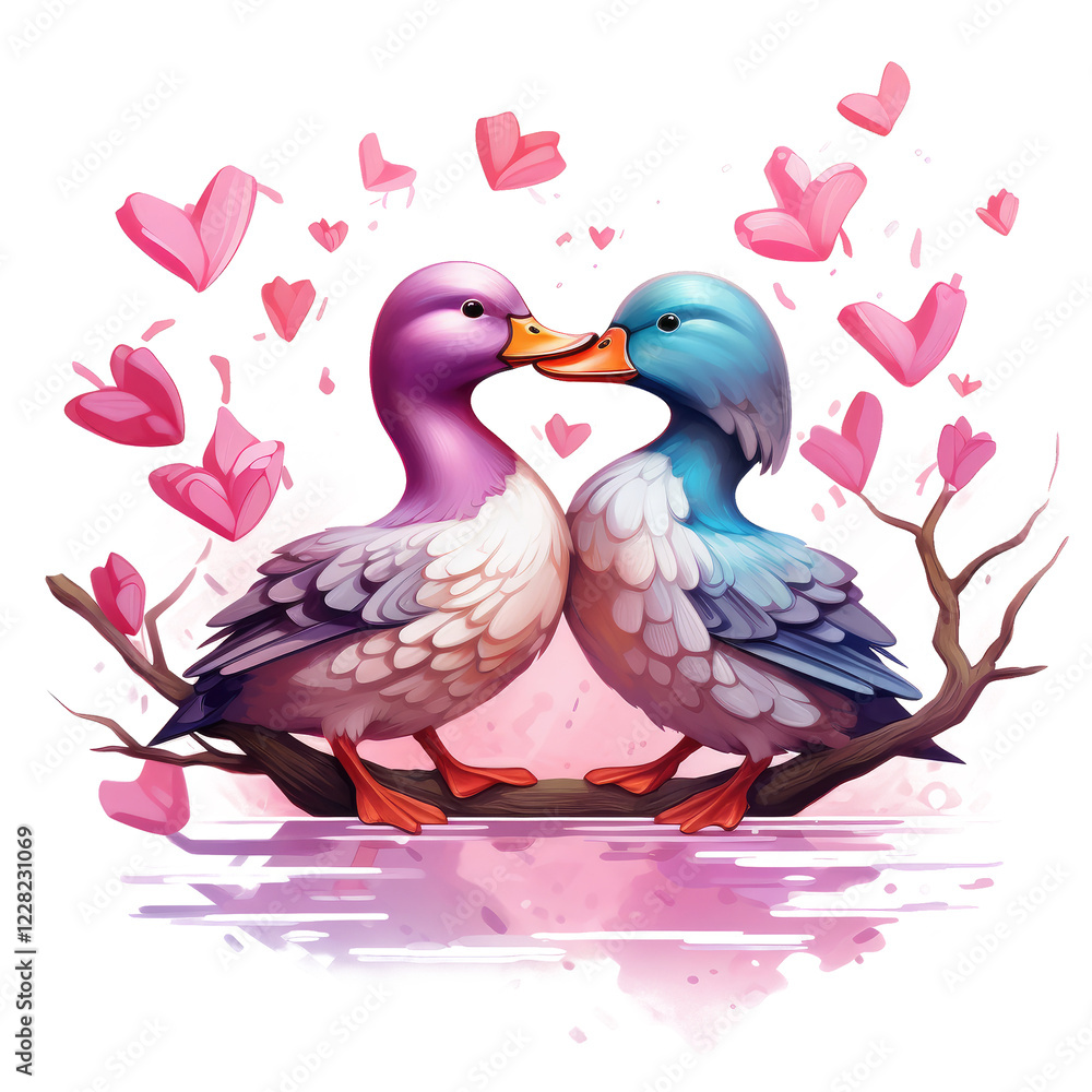 Obraz premium Valentine Kissing Birds Clipart – Romantic Love Birds Vector Illustration