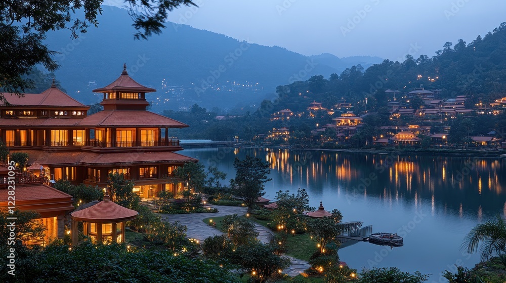 Fototapeta premium Mountain resort twilight lake view