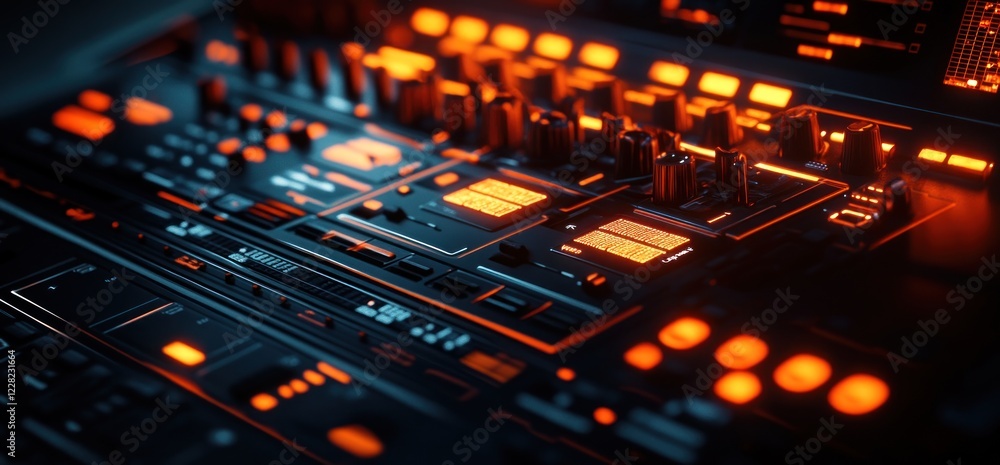 Futuristic Synth Interface: Close-up of a Sci-Fi Music Production Console Glowing with Orange and Blue Hues Futuristic Synth Interface: Close-up of a Sci-Fi Music Production Console Glowing with Orange and Blue Hues