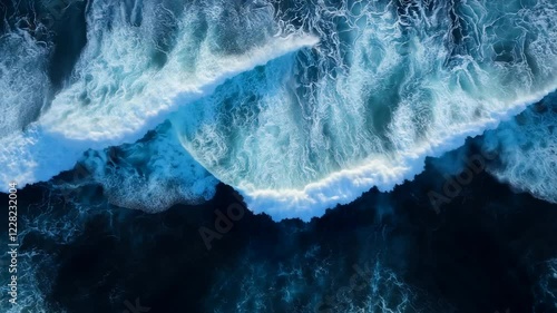 Aerial view of ocean waves crashing over deep blue sea creating dynamic patterns