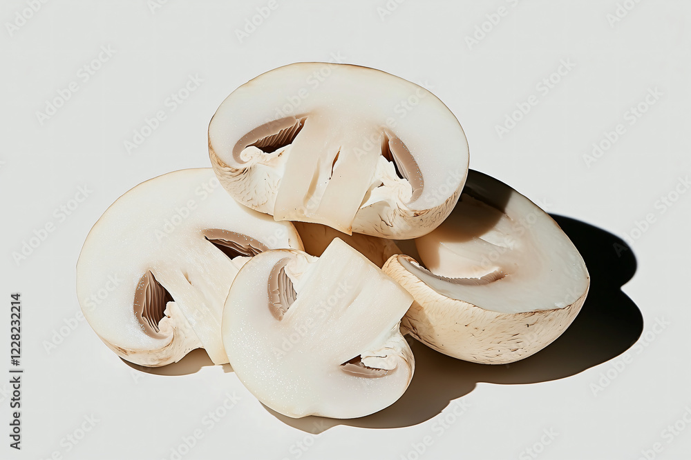 Fototapeta premium Freshly Sliced Mushrooms: A close-up of four halved button mushrooms, their creamy white caps and delicate gills glistening under a soft light.