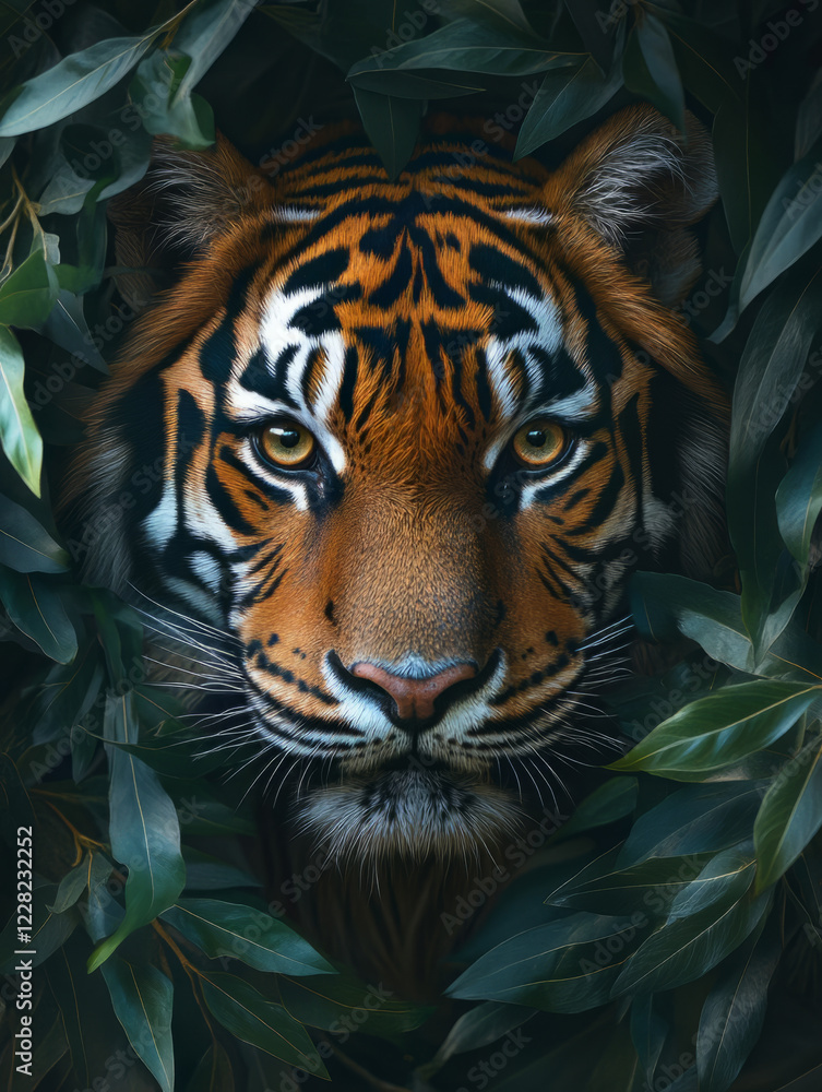 A tiger hidden in the jungle underbrush, sharp eyes and intense facial expression, highly detailed A tiger hidden in the jungle underbrush, sharp eyes and intense facial expression, highly detailed