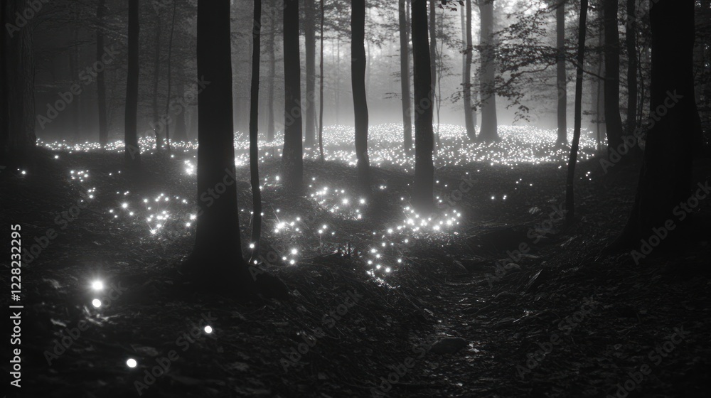 Naklejka premium Enchanting Forest Floor Illuminated By Glowing Lights