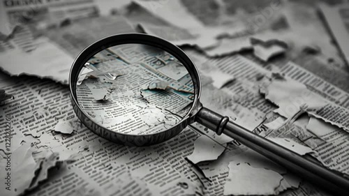 Magnifying glass studies newspaper map for hidden details amid torn paper