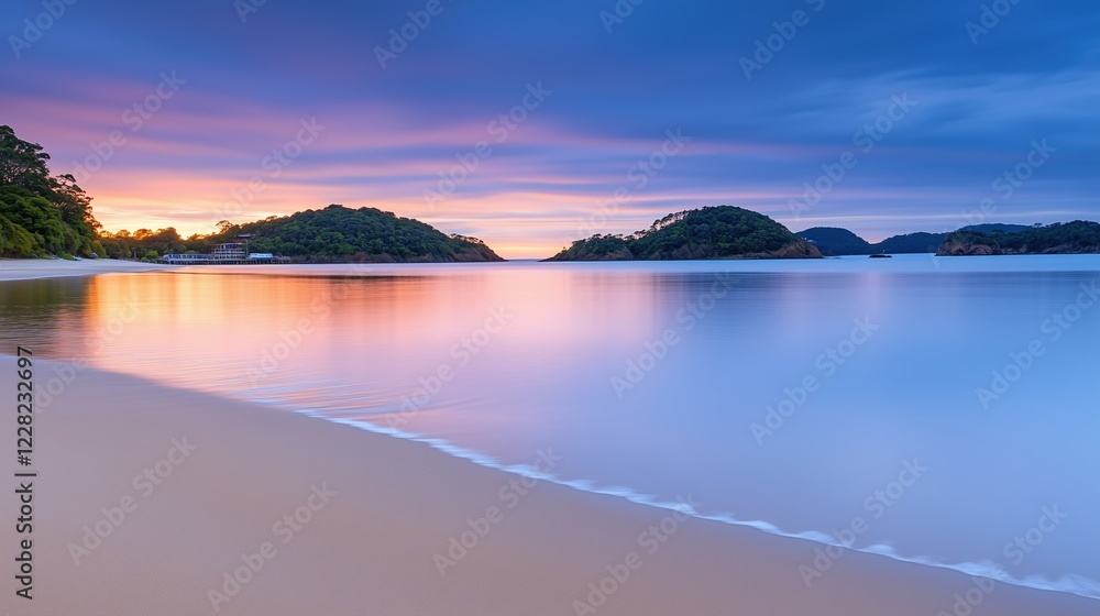 Serene beach at sunrise with soft golden light reflecting on calm waters. Highlights natural beauty and tranquility. Serene beach at sunrise with soft golden light reflecting on calm waters. Highlights natural beauty and tranquility.