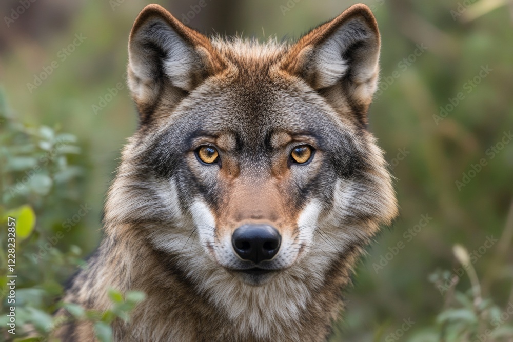 Fototapeta premium Focusing on a wolf's eyes, this close-up captures the piercing amber gaze that reflects the lush wilderness. The creature appears alert and majestic, showcasing nature's raw beauty