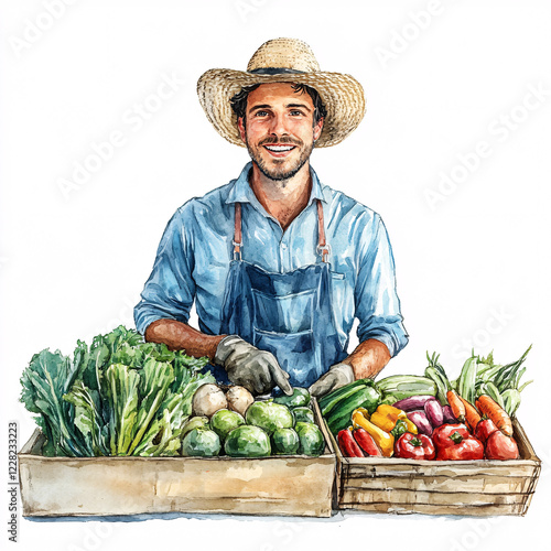 Watercolor illustration of a local farmer displaying fresh organic vegetables at a market stall, symbolizing sustainable farming and healthy living photo