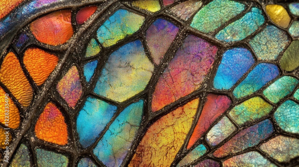 Colorful iridescent stained glass mosaic texture detail close-up; background blurred; design, art, craft, background Colorful iridescent stained glass mosaic texture detail close-up; background blurred; design, art, craft, background