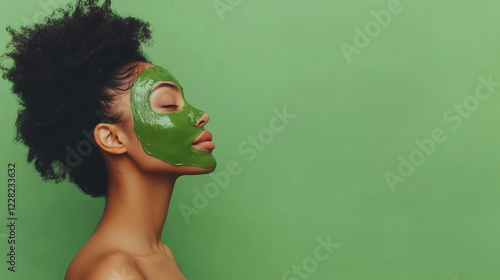 Woman with natural hair enjoying a detoxifying green face mask, part of a holistic skincare routine. 