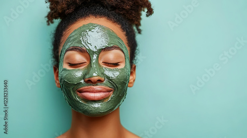 Woman with natural hair enjoying a detoxifying green face mask, part of a holistic skincare routine. 