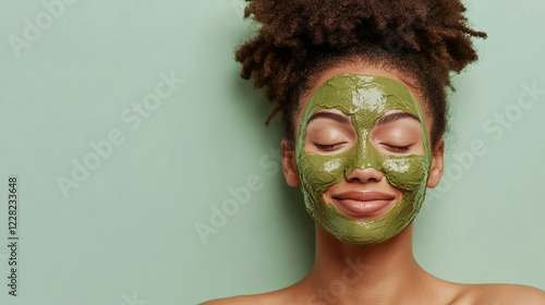 Woman with natural hair enjoying a detoxifying green face mask, part of a holistic skincare routine. 