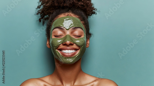 Woman with natural hair enjoying a detoxifying green face mask, part of a holistic skincare routine. 