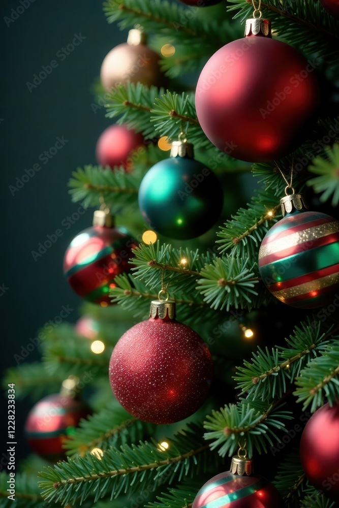 Red and green striped ornaments are intertwined with other colorful ornaments on the Christmas tree, winter, holiday Red and green striped ornaments are intertwined with other colorful ornaments on the Christmas tree, winter, holiday