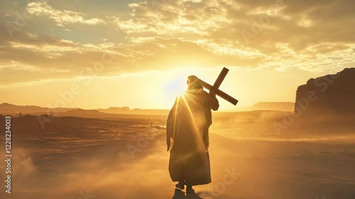 A solitary figure in a robe carries a cross at sunrise across a desolate, barren landscape
