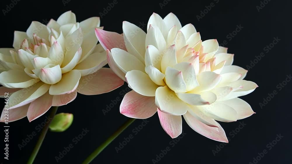 Elegant Pair of Creamy White Lotus Flowers with Pink Hues Against a Dark Background Elegant Pair of Creamy White Lotus Flowers with Pink Hues Against a Dark Background