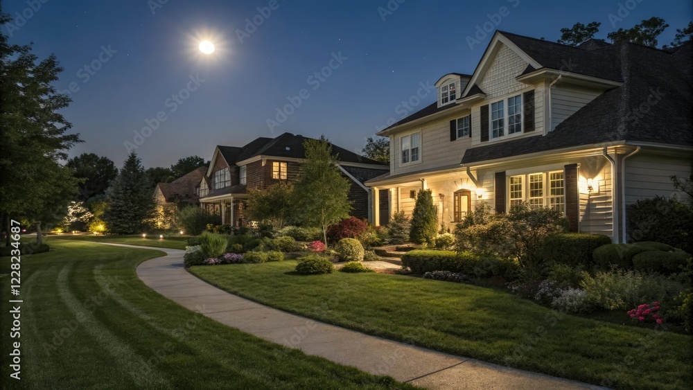 Homes with neatly manicured lawns and overgrown gardens reflect the soft moonlight in a picturesque suburban setting at night, peaceful, homes Homes with neatly manicured lawns and overgrown gardens reflect the soft moonlight in a picturesque suburban setting at night, peaceful, homes