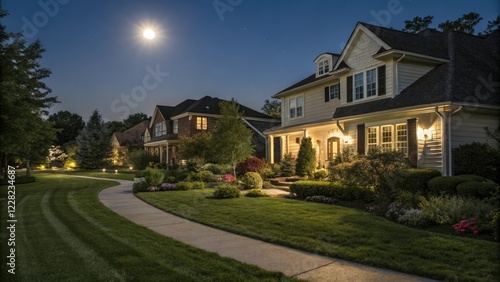 Wallpaper Mural Homes with neatly manicured lawns and overgrown gardens reflect the soft moonlight in a picturesque suburban setting at night, peaceful, homes Torontodigital.ca
