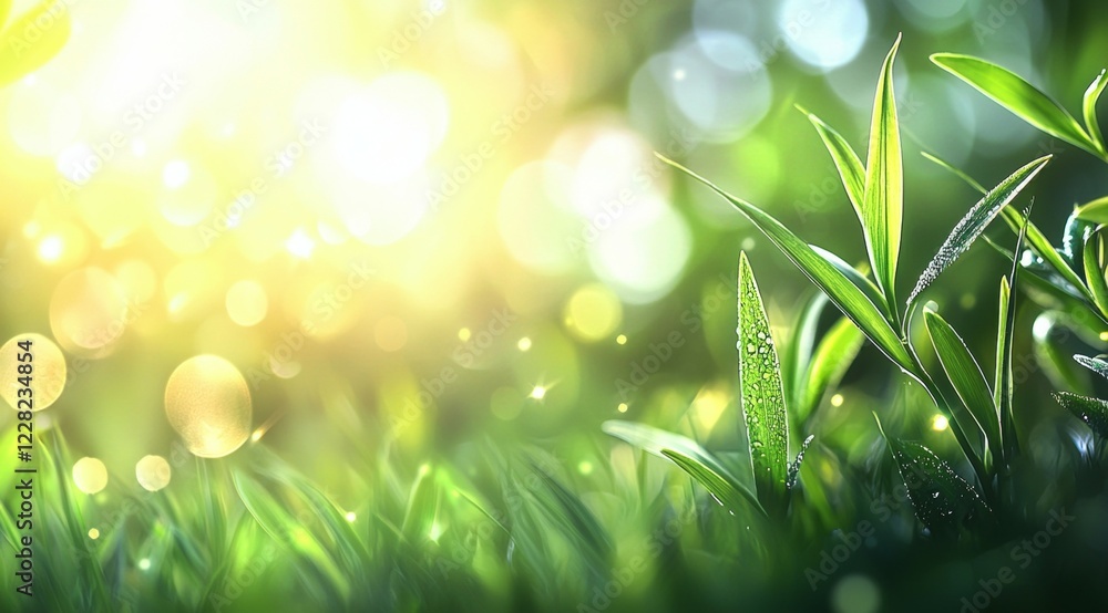 Obraz premium Field of green grass with a bright sun shining on it