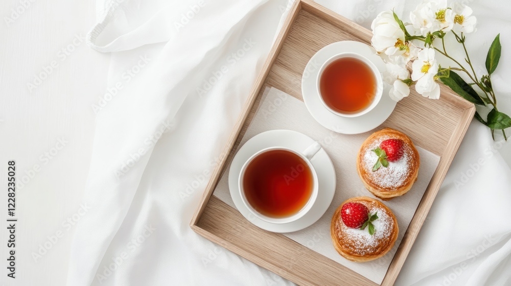 Wooden Tray Breakfast Tea Pastries White Flowers Wooden Tray Breakfast Tea Pastries White Flowers