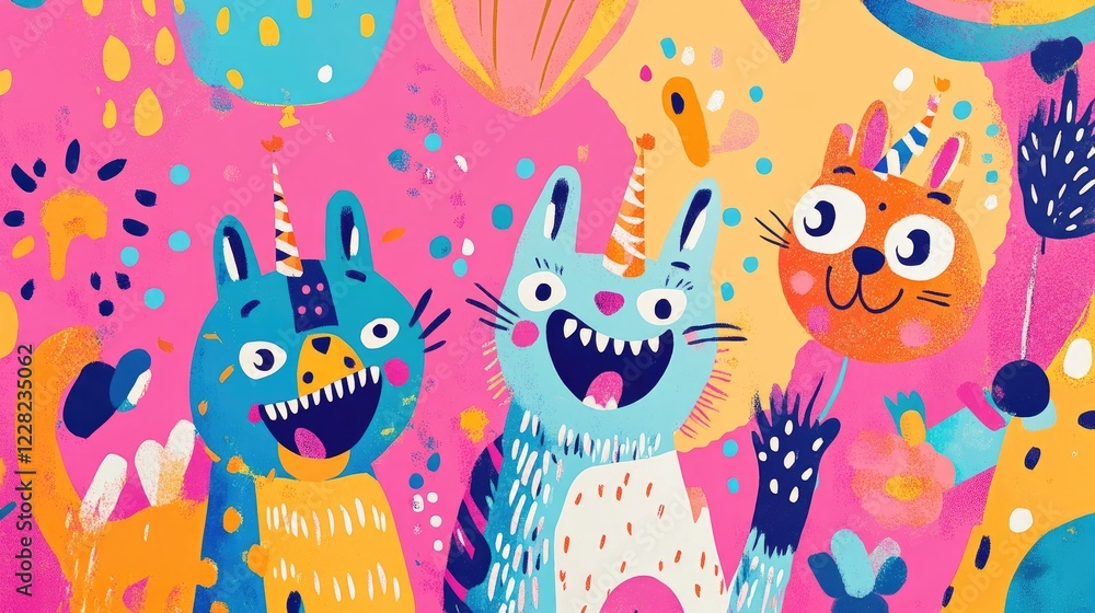 Festive Cats and Bunny Partying in Colorful Abstract Background for Celebration Design Festive Cats and Bunny Partying in Colorful Abstract Background for Celebration Design