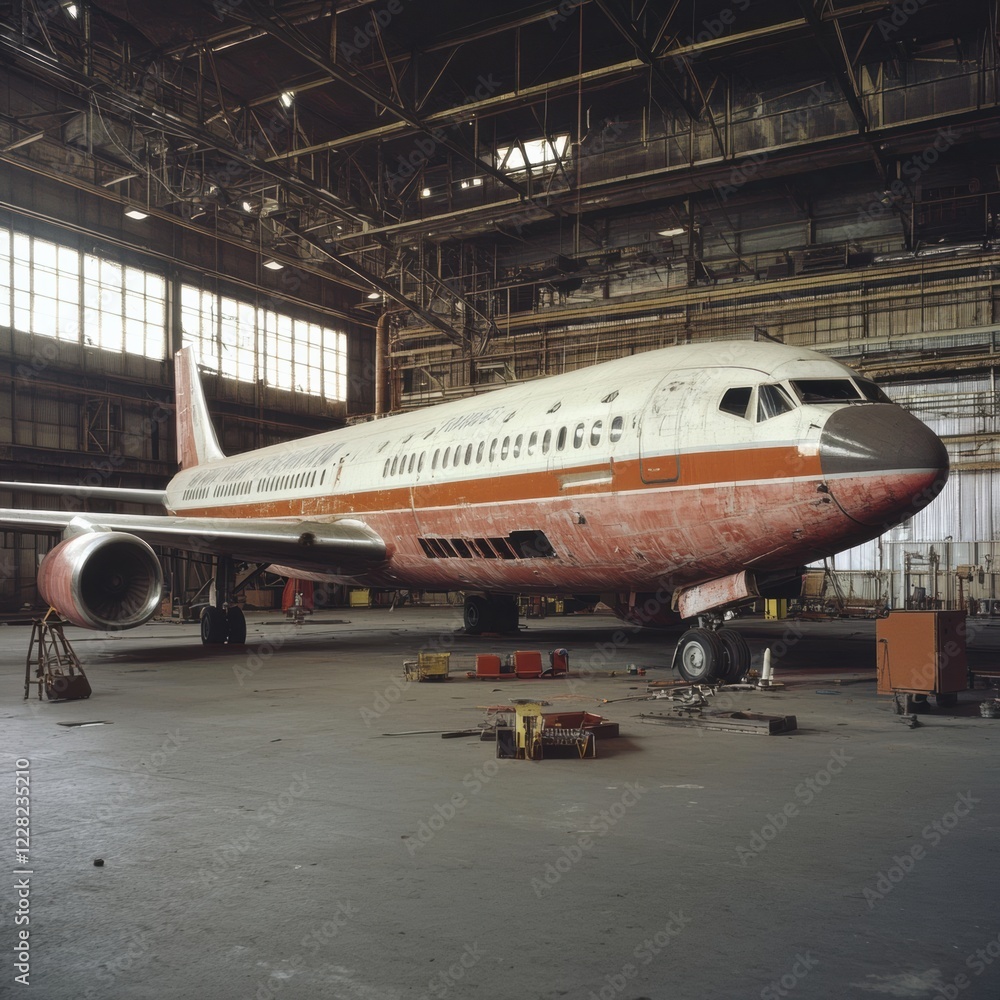 Abandoned airplane rests inside a large hangar with natural light pouring through the windows. Generative AI Abandoned airplane rests inside a large hangar with natural light pouring through the windows. Generative AI