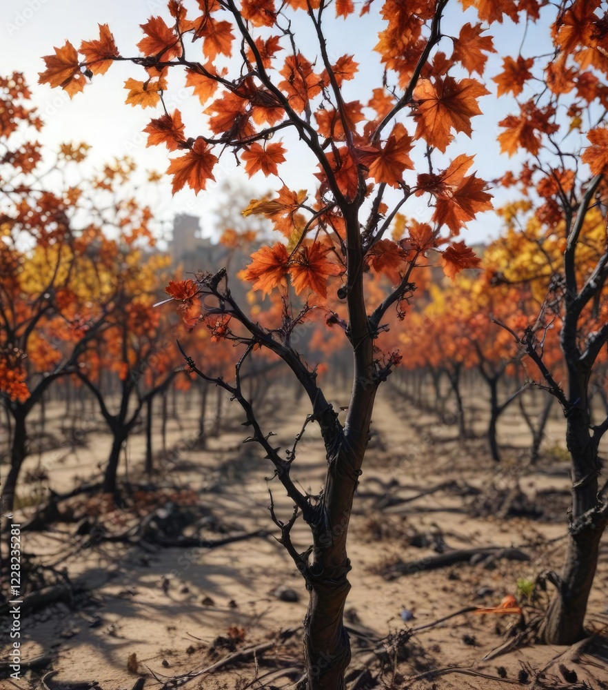 Infected grapevines with blackened stems and wilting leaves, plant health issues, vine decline Infected grapevines with blackened stems and wilting leaves, plant health issues, vine decline