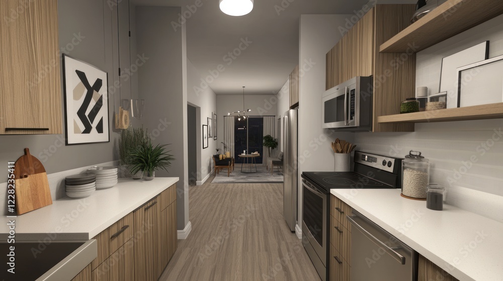 Fototapeta premium Modern Apartment Kitchen Interior Design View