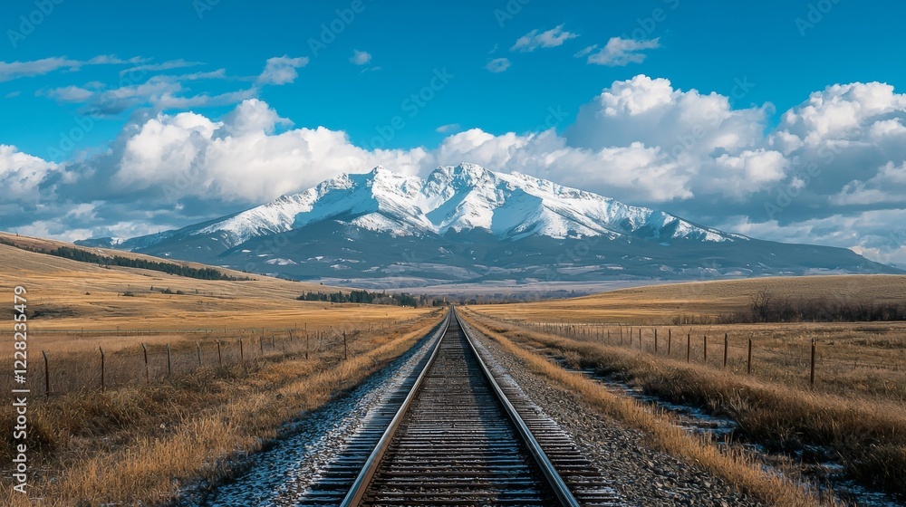 Expansive railway track leads towards snow-capped mountains under a bright blue sky Expansive railway track leads towards snow-capped mountains under a bright blue sky